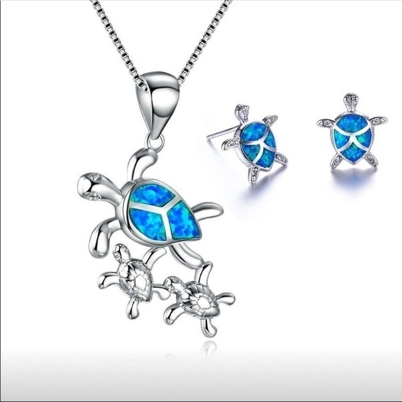 Jewelry - Opal Mother & Baby Turtles Necklace & Earring Set